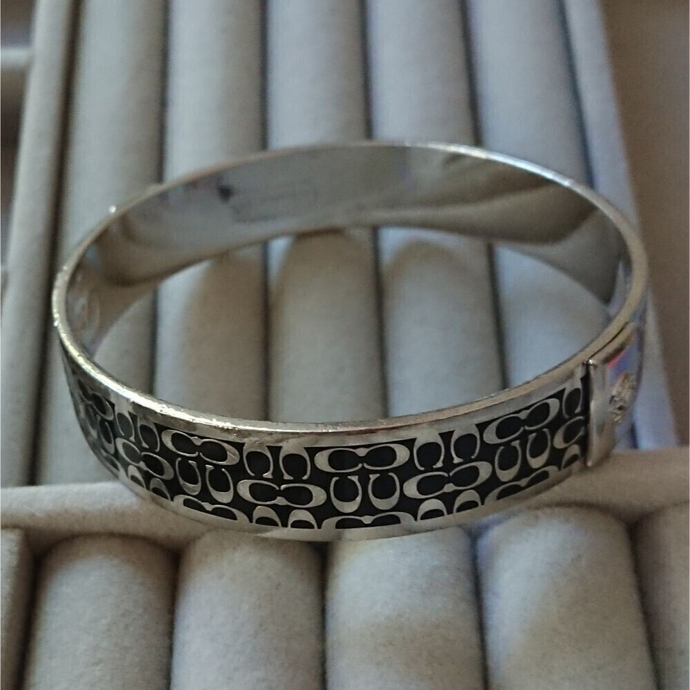 Authentic Coach Silver Tone black C Signature 1/2" Bangle Cuff Bracelet - Picture 3 of 11